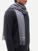 Cashmere Woven Scarf Dim Gray worn by model, detail view on white background