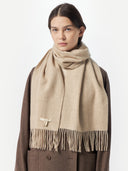 Unisex Cashmere Fringed Scarf Warm Grey worn by model, detail view on white background