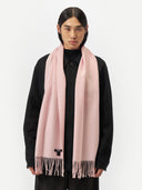 Unisex Cashmere Fringed Scarf Almond Blossom worn by model, detail view on white background