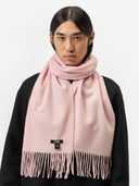 Unisex Cashmere Fringed Scarf Almond Blossom worn by model, detail view on white background