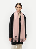Unisex Cashmere Fringed Scarf Almond Blossom worn by model, detail view on white background