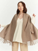 Taupe Cashmere Wide Fringe Scarf worn by model, detail view on white background