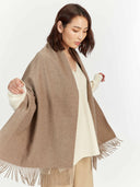 Taupe Cashmere Wide Fringe Scarf worn by model, detail view on white background
