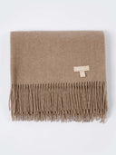 Taupe Cashmere Wide Fringe Scarf detail view on white background