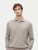 Men's Grey Cashmere Polo Sweater worn by model, detail view on white background
