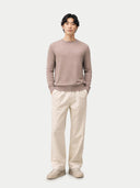 Men's Cashmere Silk C-Neck Sweater Taupe worn by model, front view on white background