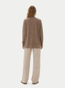 Women's Ajour Knit Open-Front Cashmere Cardigan Taupe  worn by model, back view on white background