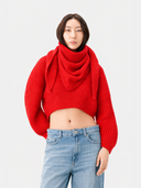Women's Fiery Red Cashmere Oval-Sleeve Cropped Sweater worn by model, detail view on white background