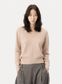 Women's Dual-Collar Cashmere Sweater Warm Grey worn by model, detail view on white background