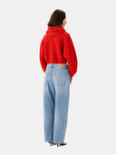 Women's Fiery Red Cashmere Oval-Sleeve Cropped Sweater worn by model, back view on white background