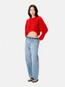 Women's Fiery Red Cashmere Oval-Sleeve Cropped Sweater worn by model, front view on white background
