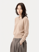 Women's Dual-Collar Cashmere Sweater Warm Grey worn by model, side view on white background