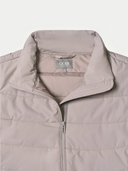 Close-up of a gray puffer vest with 'Gobi' branding on a white background