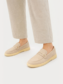 Unisex Beige Cashmere Loafers worn by model, detail view on white background