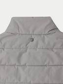 Gray puffer vest with a brand logo on a white background