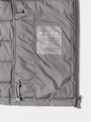 Gray puffer jacket with a brand label on a white background