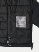 Black puffer jacket with a brand label on a white background
