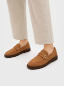 Unisex Almond Cashmere Loafers worn by model detail view on white background