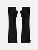 A pair of black ribbed knit fingerless gloves laid flat on a light gray background.