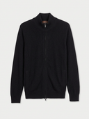 Black cardigan with horizontal striped pattern on a white background.