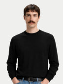 Men's Cashmere Silk C-Neck Sweater Black worn by model, detail view on white background