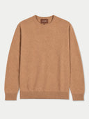 A long-sleeve crewneck sweater in a warm camel brown color, shown flat against a light gray background. The brand name 'GOBI' is visible on the inner neck label.