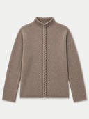 A taupe brown knit sweater with a mock neck and a braided front detail, displayed flat against a light gray background.