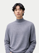 Timeless Mock Neck Cashmere Sweater Dim Gray  worn by model, detail view, on white background