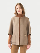 Women's Patch Pocket Cashmere Poncho Jacket Taupe worn by model detail view on white background