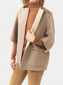 Women's Patch Pocket Cashmere Poncho Jacket Taupe worn by model detail view on white background