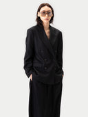 Women's  Black Double-Breasted Cashmere Suit Blazer  worn by model, detail view on white background