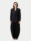 Women's  Black Double-Breasted Cashmere Suit Blazer  worn by model, front view on white background