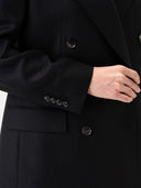 Women's  Black Double-Breasted Cashmere Suit Blazer  worn by model, detail view on white background