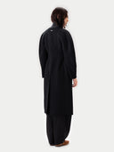 Oval-Sleeve Cashmere Coat Black worn by model, back view, on white background