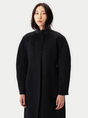 Oval-Sleeve Cashmere Coat Black worn by model, detail view, on white background