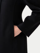 Oval-Sleeve Cashmere Coat Black worn by model, detail view, on white background
