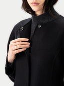 Oval-Sleeve Cashmere Coat Black worn by model, detail view, on white background