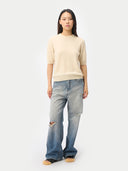 Women's Cashmere Elbow-Sleeve Sweater in off-white, worn by a model