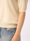 Women's Cashmere Elbow-Sleeve Sweater in off-white, worn by a model