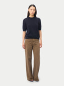 Women's Short-Sleeve Cashmere Sweater Navy worn by model, front view on white background