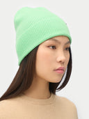 Green Ash Cashmere Rib Knit Beanie  worn by model, detail view on white background