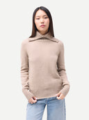 Women's  Warm Grey Fold-Over Turtleneck Cashmere Sweater worn by model, detail view on white background