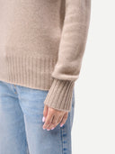 Women's  Warm Grey Fold-Over Turtleneck Cashmere Sweater worn by model, detail view on white background
