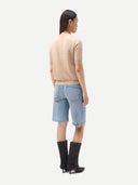 Women's Cashmere Elbow-Length Sleeve Cashmere Sweater Beige worn by model, back view on white background