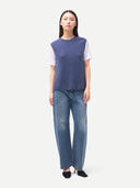 Ajour Knit Crewneck Cashmere Vest Crown Blue worn by model, front view on white backround