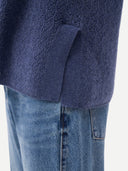 Ajour Knit Crewneck Cashmere Vest Crown Blue  worn by model, detail view on white backround
