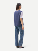 Ajour Knit Crewneck Cashmere Vest Crown Blue  worn by model, back view on white backround