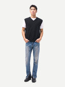 Timeless V-Neck Cashmere Vest Black worn by model, front view, on white background
