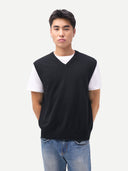 Timeless V-Neck Cashmere Vest Black worn by model, detail view, on white background