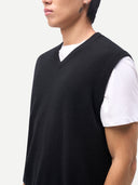 Timeless V-Neck Cashmere Vest Black worn by model, detail view, on white background
